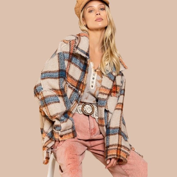 POL Plaid Bell Sleeve Oversized Shirt Jacket Ultimate in Bohemian Casual… - Picture 2 of 7